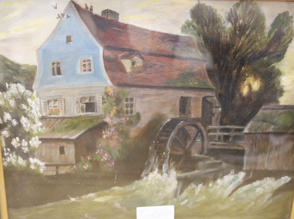 English School, oil on board, Landscape with rowing boat, 25 x 33cm and a study of a watermill
